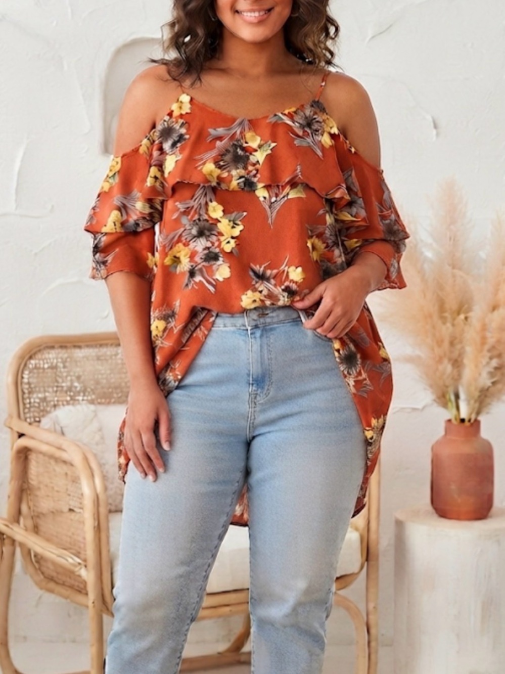 143 Story Floral Blouse Tunic Peek A Boo Shoulder Large Bohemian Boho Chic